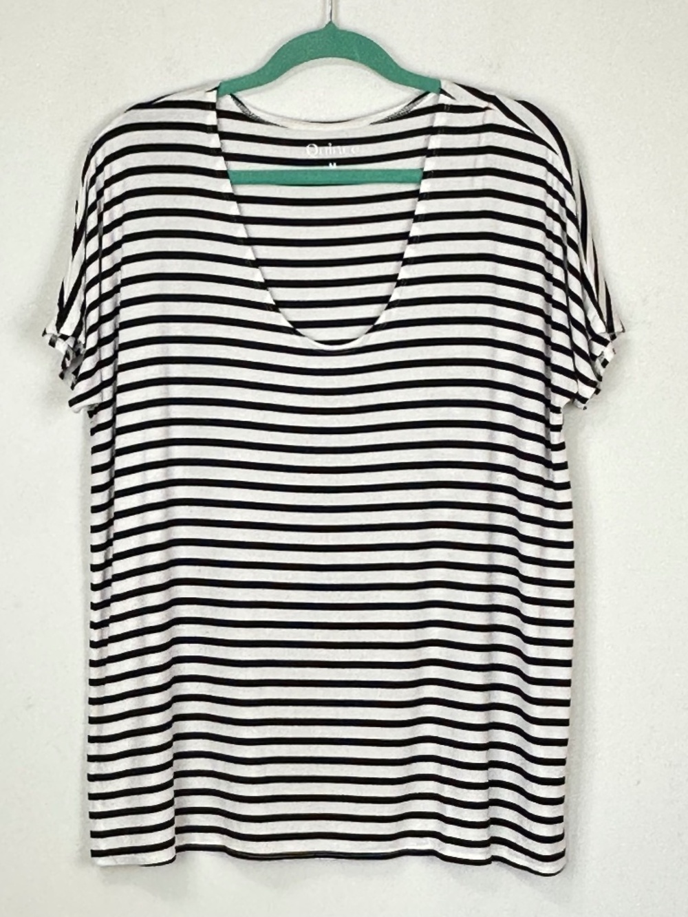 Quince Bamboo Jersey Maternity V-Neck White Black Striped Top M